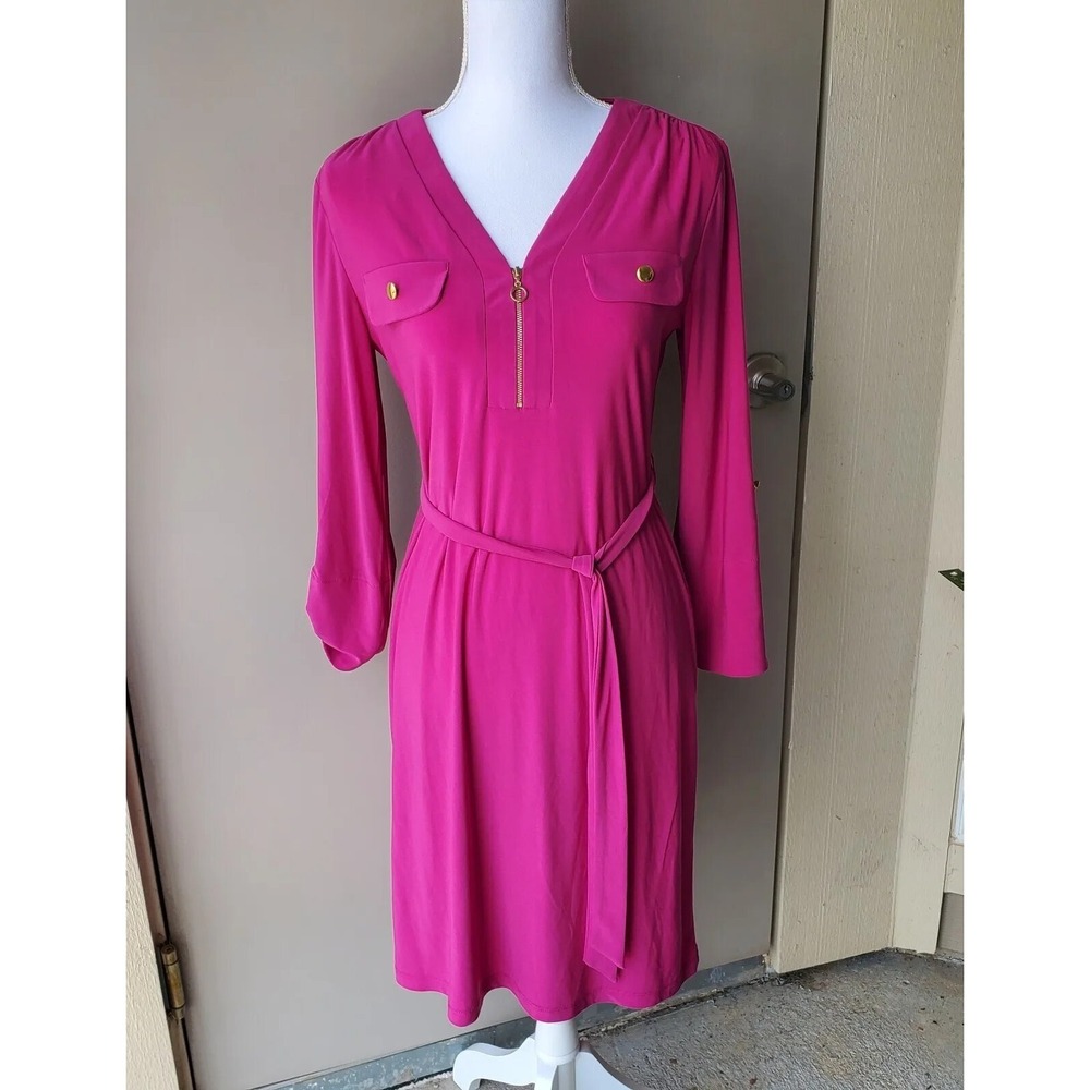 Emma & Michele Dress Womens Small Pink Gold Accents Roll Tab Belted Adjustable
